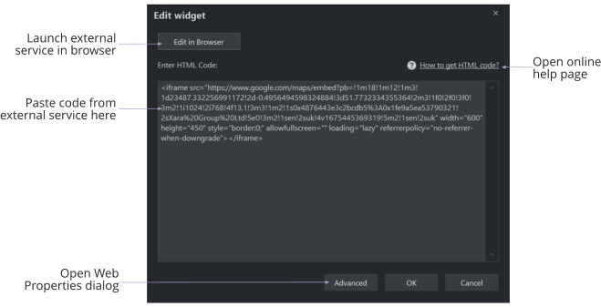Launch external service in browser Paste code from external service here Open online help page Open Web Properties dialog